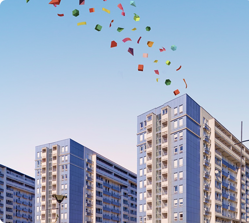 Confetti coming from the roof of a building