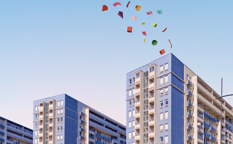 Confetti coming from the roof of a building