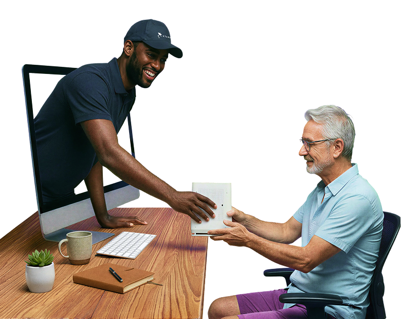 A Starry tech reaching out of a computer to help a customer