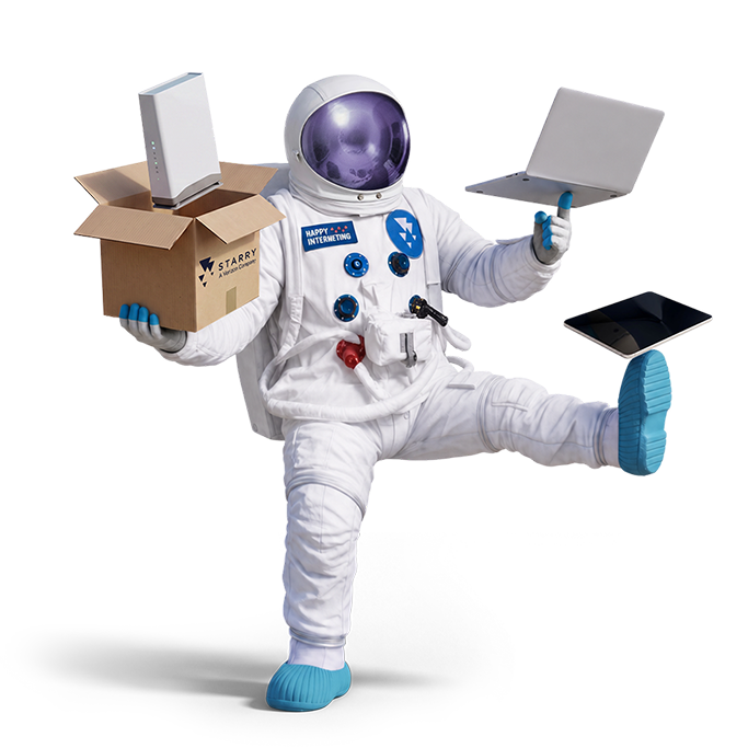 An astronaut balancing a many devices.