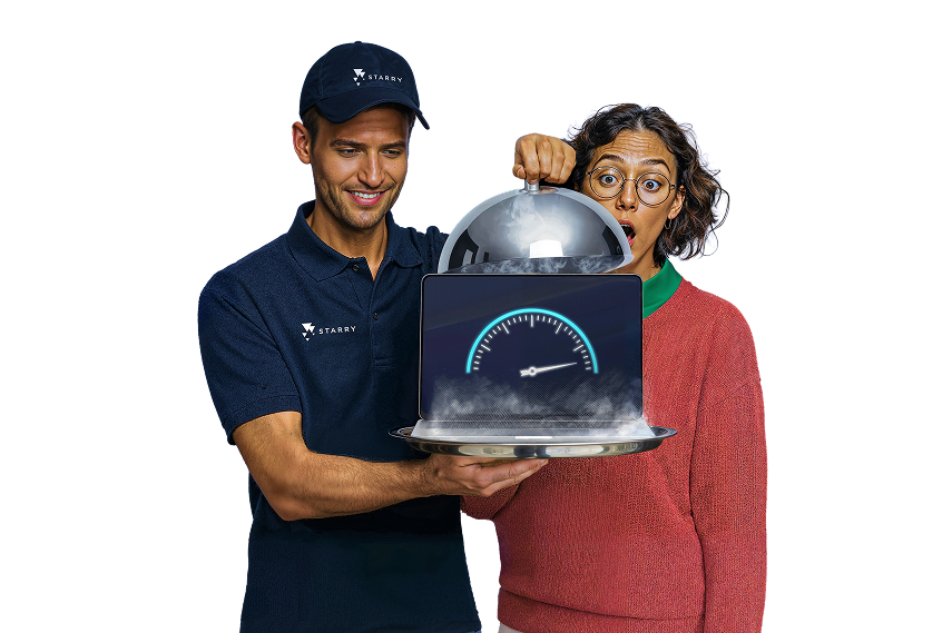 A laptop running a speedtest on a serving tray