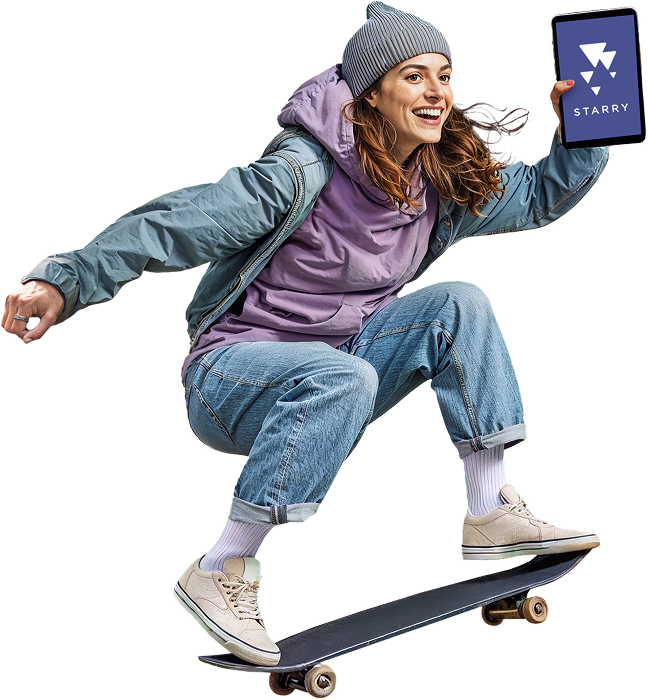 A skateboarder using a tablet with the Starry logo.