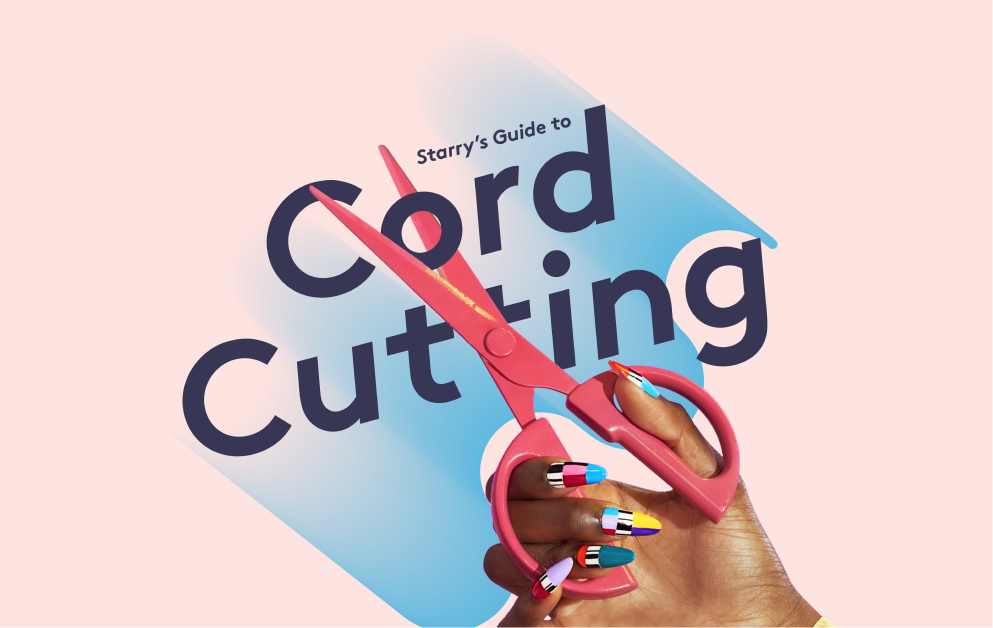 A pair of scissors cutting the text 'Starry's Guide to Cord Cutting'